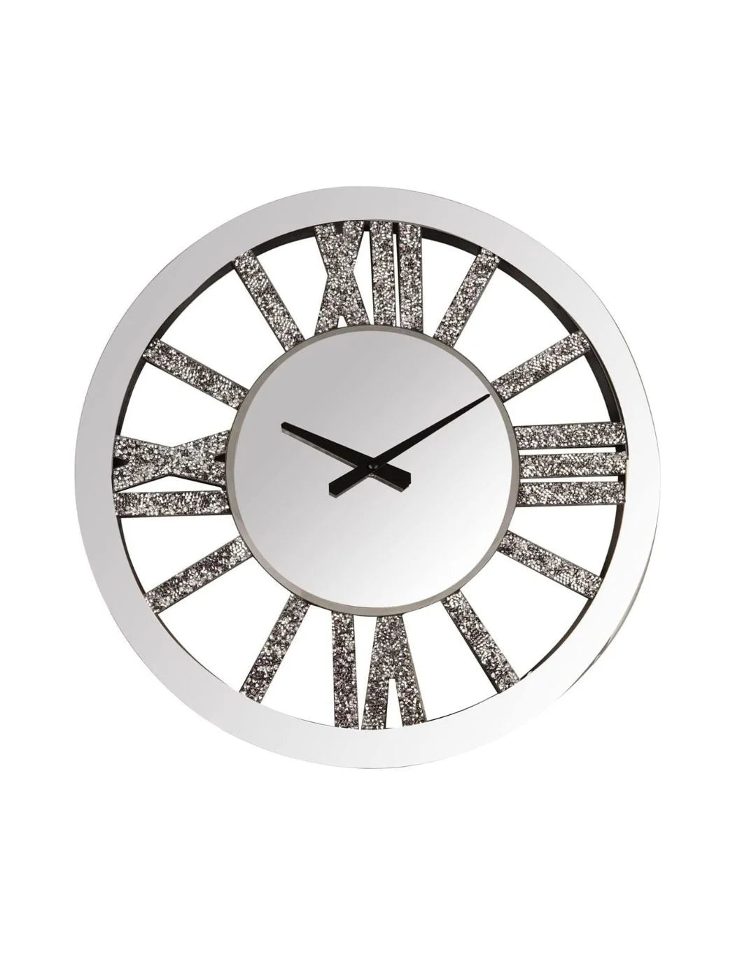 Crushed Crystal Mirror Wall Clock – Silent Roman Numerals Silver | Sparkle Decors UK