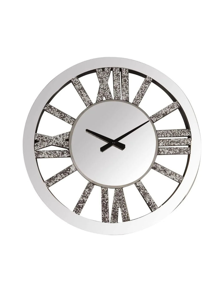 Crushed Crystal Mirror Wall Clock – Silent Roman Numerals – Sparkle Decors