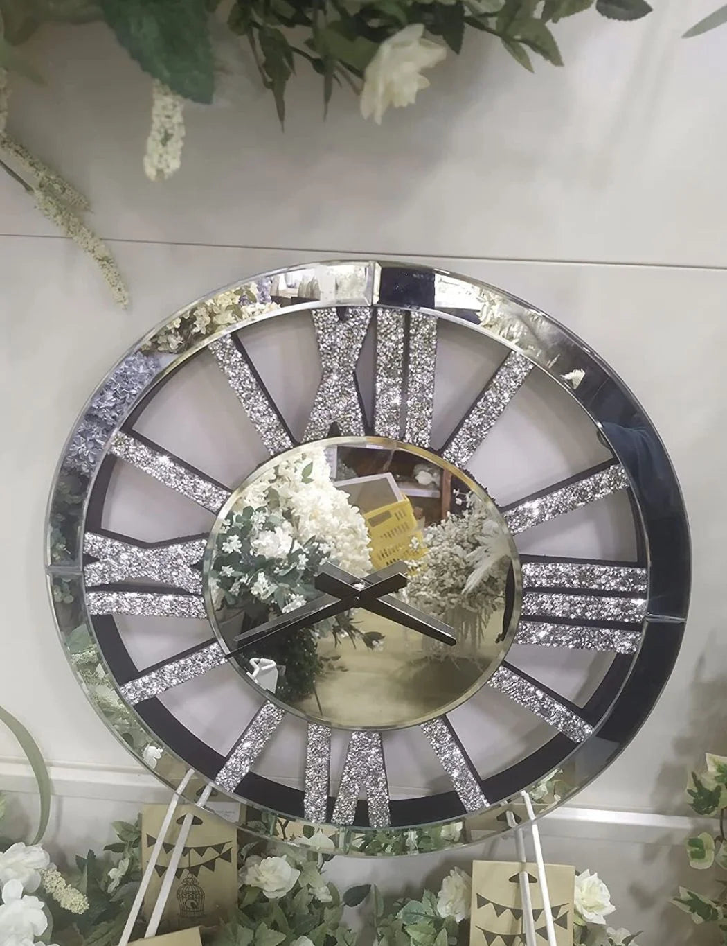 Crushed Crystal Mirror Wall Clock – Silent Roman Numerals Silver | Sparkle Decors UK