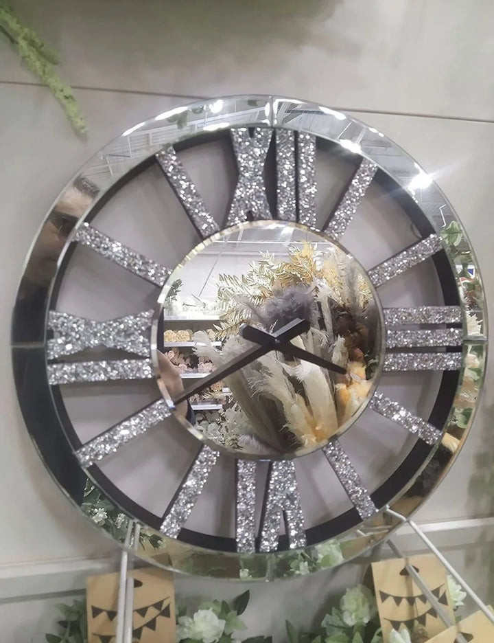 Crushed Crystal Mirror Wall Clock – Silent Roman Numerals – Sparkle Decors