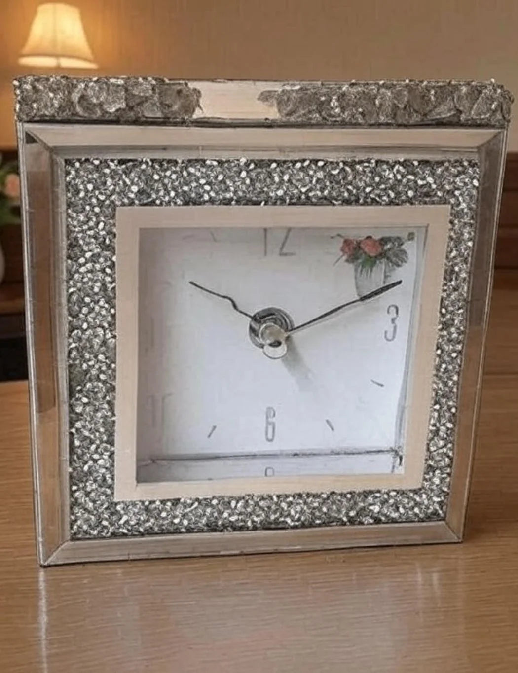 Square Mirror Mantle Clock – Crushed Jewel Elegant Sparkle – Sparkle Decors