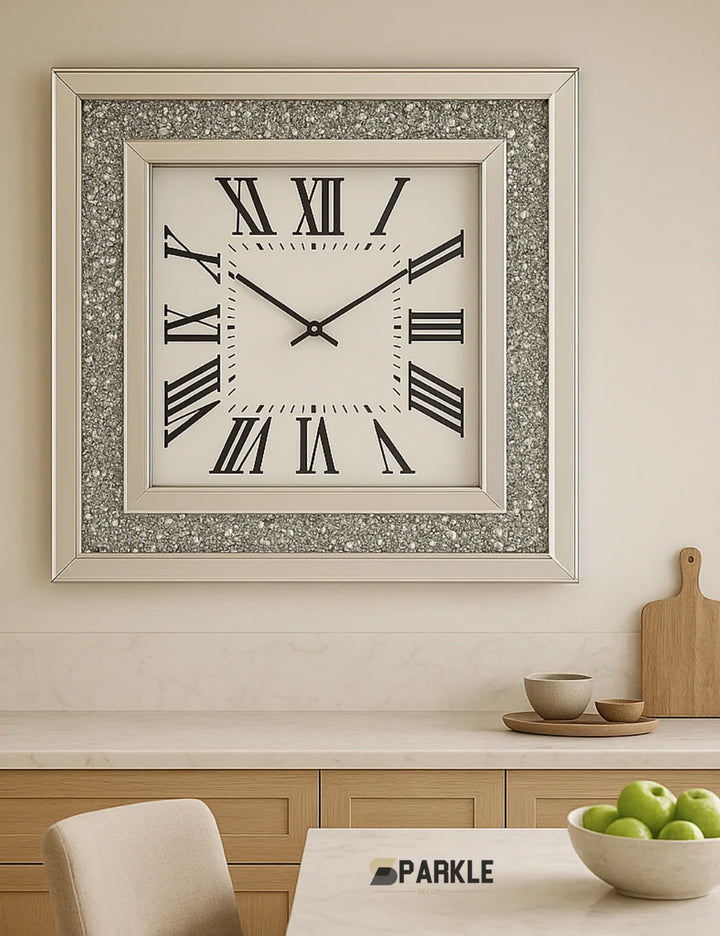 Square Crystal Mirror Wall Clock – 35cm Roman Numerals – Sparkle Decors