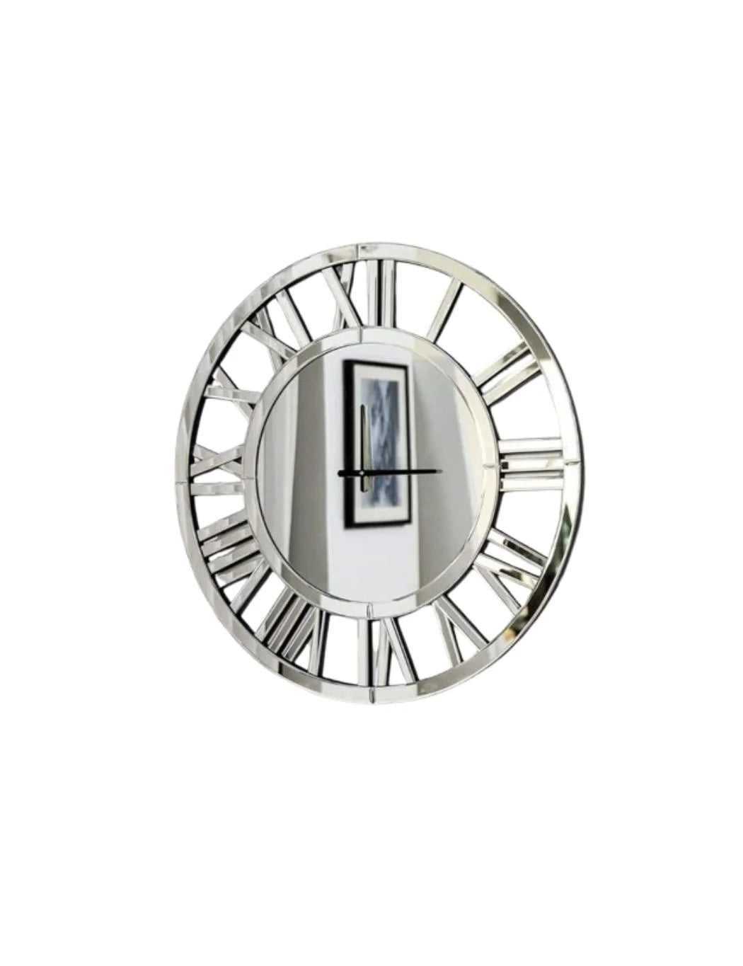 Large Silver Mirror Wall Clock – Roman Numerals Silent – Sparkle Decors