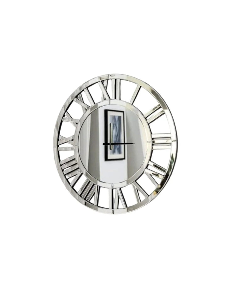 Large Silver Mirror Wall Clock – Roman Numerals Silent – Sparkle Decors