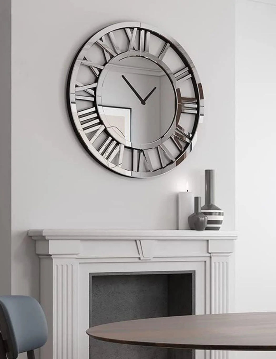 Large Silver Mirror Wall Clock – Silent Roman Numerals Modern Style | Sparkle Decors UK