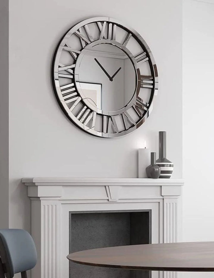 Large Silver Mirror Wall Clock – Roman Numerals Silent – Sparkle Decors