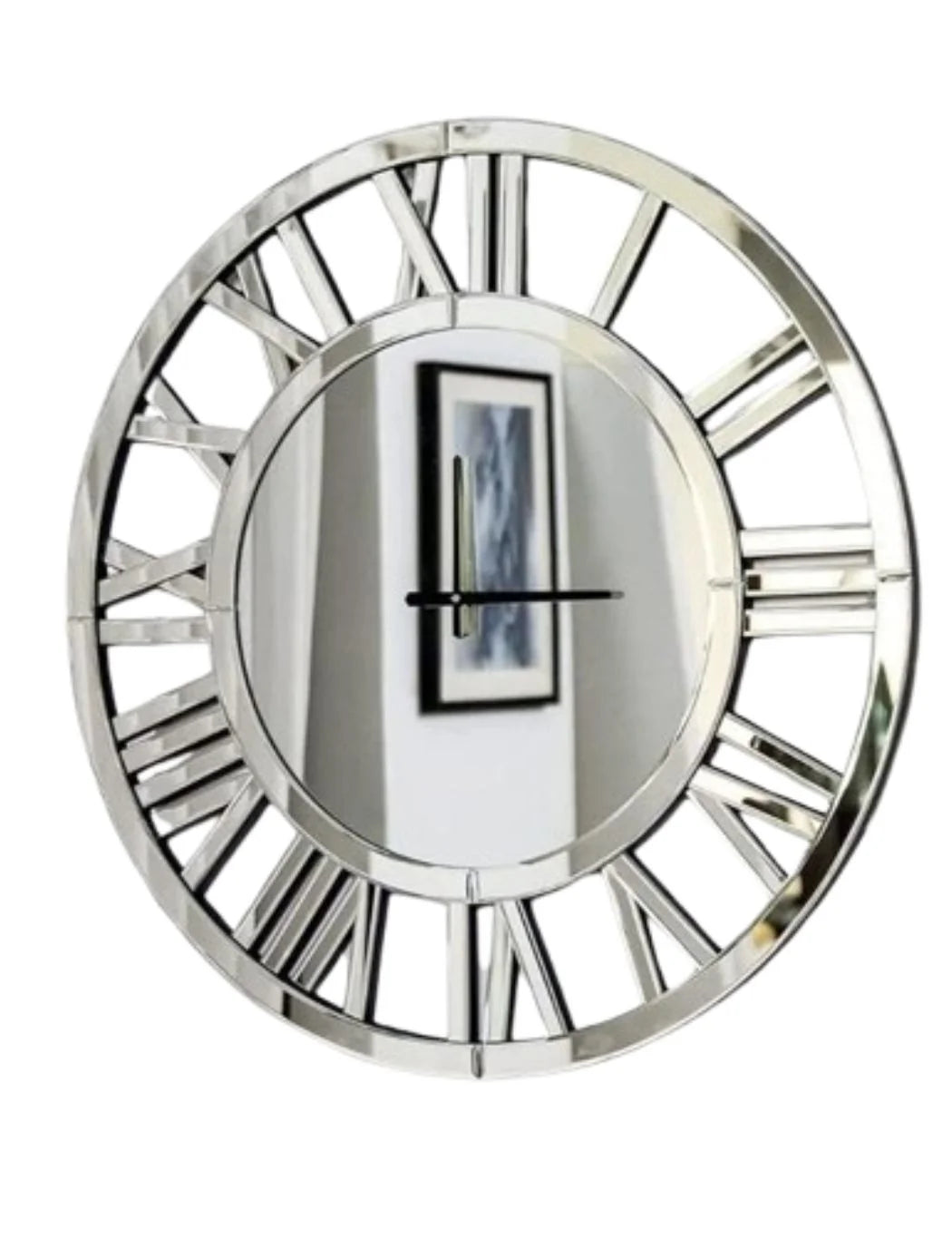 Large Silver Mirror Wall Clock – Roman Numerals Silent – Sparkle Decors