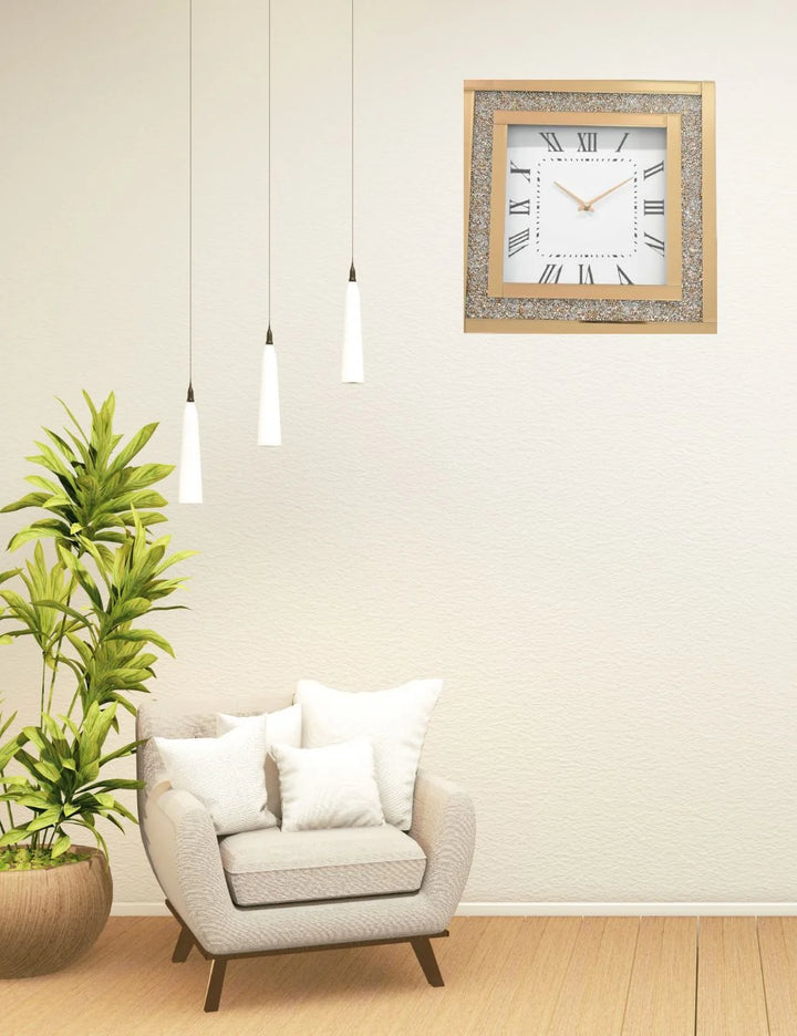 Rose Gold Crushed Crystal Square Mirrored Wall Clock – Silent Roman Numerals