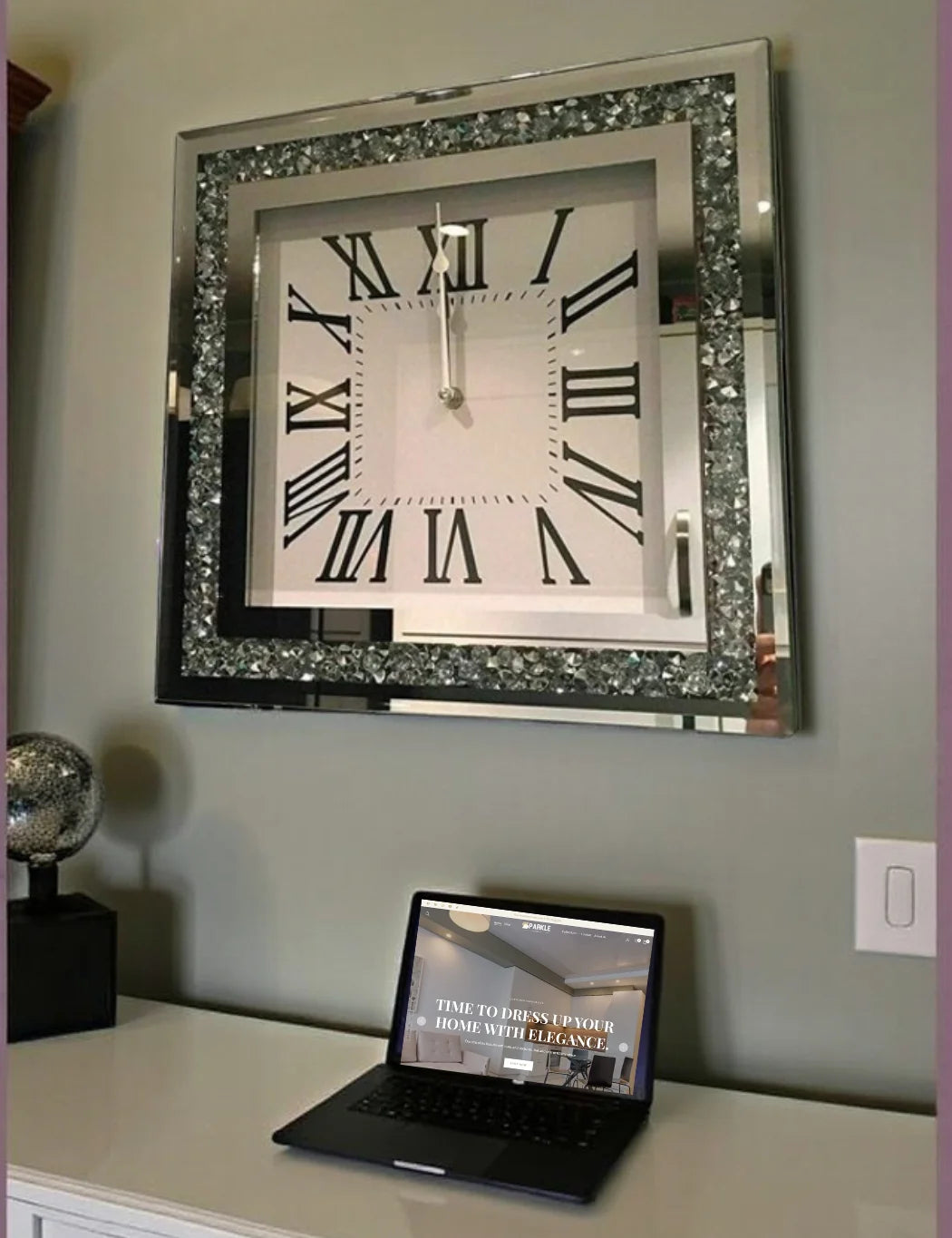 Square Crystal Mirror Wall Clock – 35cm Roman Numerals – Sparkle Decors