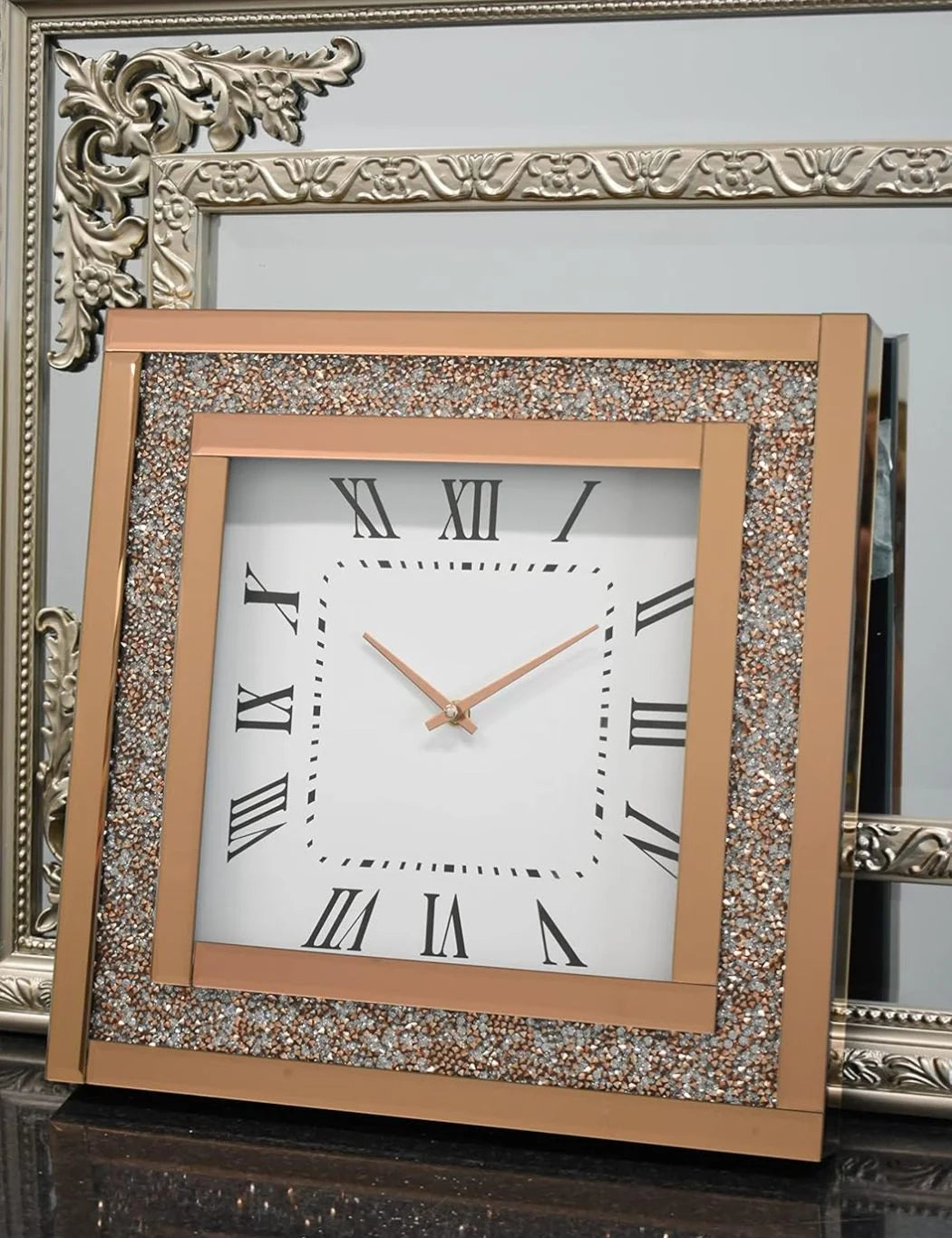 Rose Gold Crushed Crystal Square Mirrored Wall Clock – Roman Silent | Sparkle Decors UK