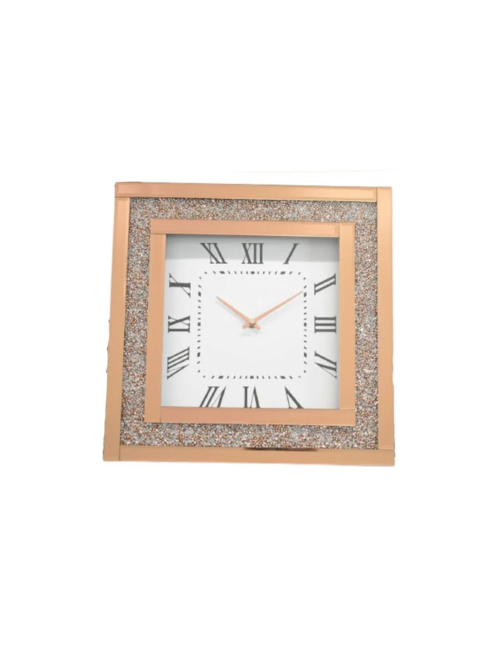 Rose Gold Crushed Crystal Square Mirrored Wall Clock – Silent Roman Numerals