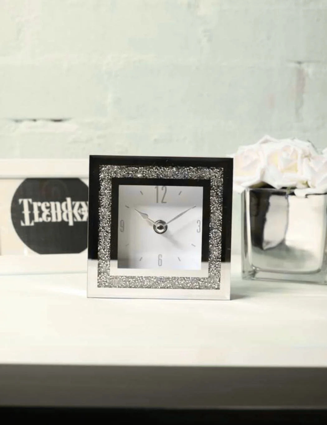 Square Mirror Mantle Clock – Crushed Jewel Elegant Sparkle Accent | Sparkle Decors UK