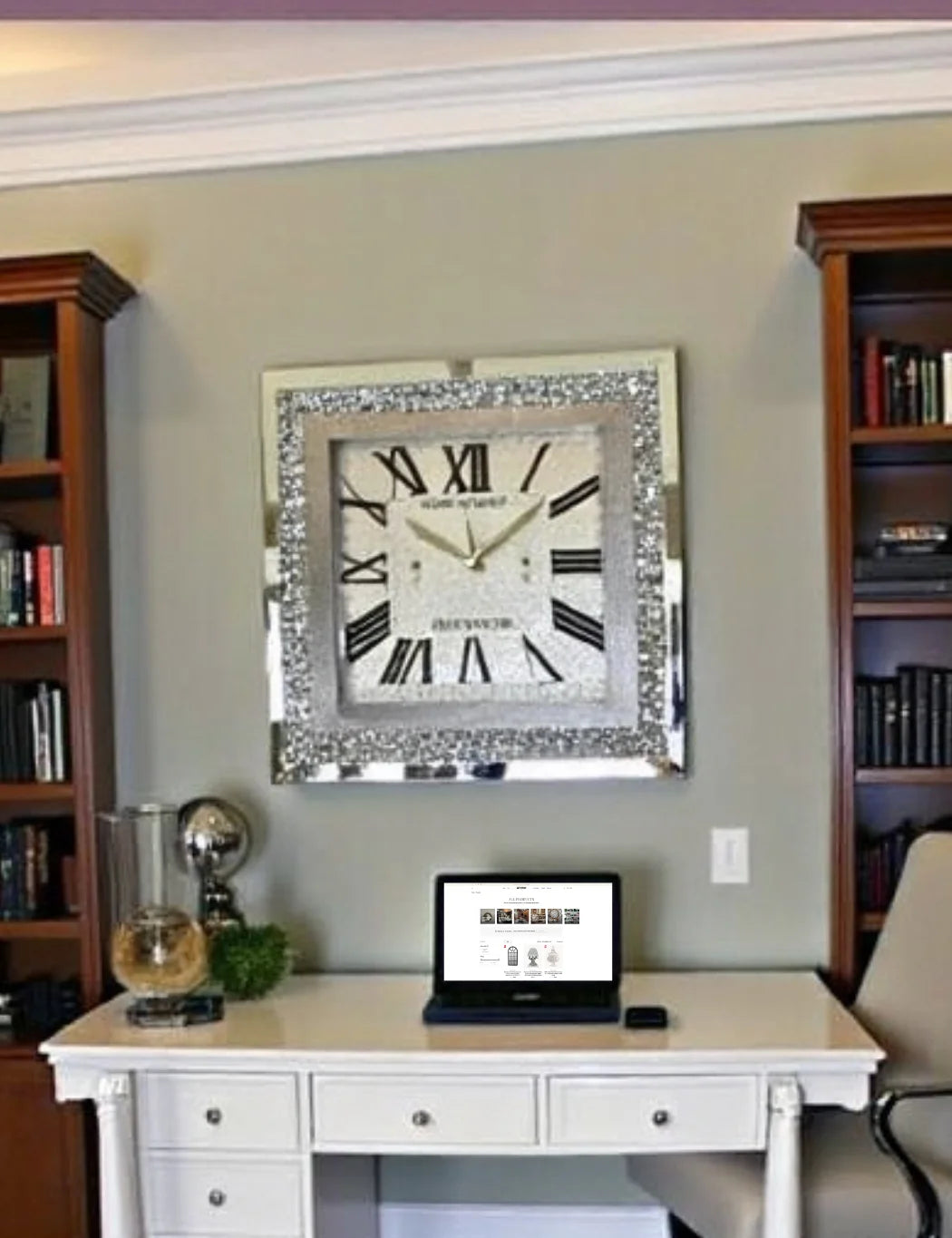 Square Crystal Mirror Wall Clock – 35cm Roman Numerals – Sparkle Decors