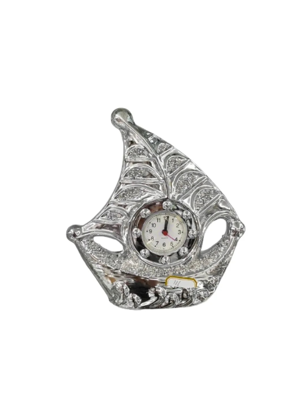 Silver Crushed Diamond Sail Boat Ornament with Clock – 18cm