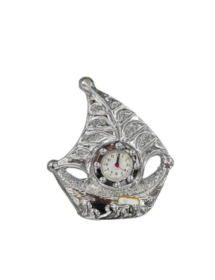 Silver Crushed Diamond Sail Boat Ornament with Clock – 18cm