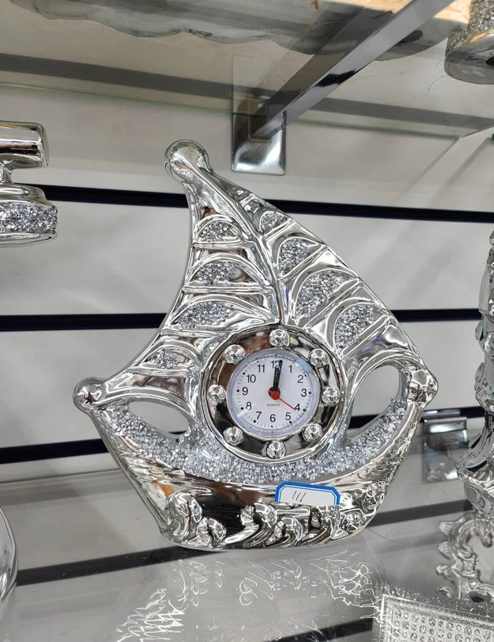 Silver Crushed Diamond Sail Boat Ornament with Clock – 18cm