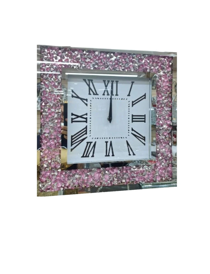 Pink & Silver Crushed Diamond Mirrored Wall Clock – 45cm