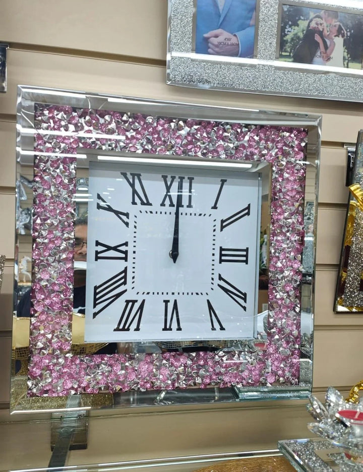 Pink & Silver Crushed Diamond Mirrored Wall Clock – 45cm
