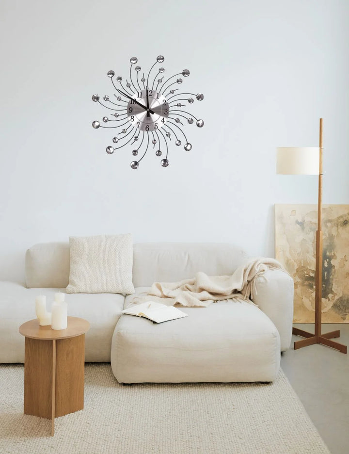 Jewelled Silver Swirl Circle Wall Clock – Silent Modern Design 45.5cm