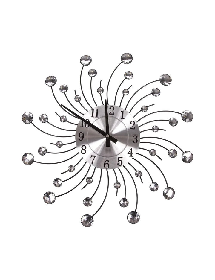 Jewelled Silver Swirl Circle Wall Clock – Silent Modern Design 45.5cm