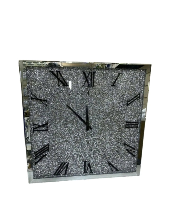 Large Square Crushed Crystal Mirrored Wall Clock – Roman Numerals, Silent Sweep (45cm)
