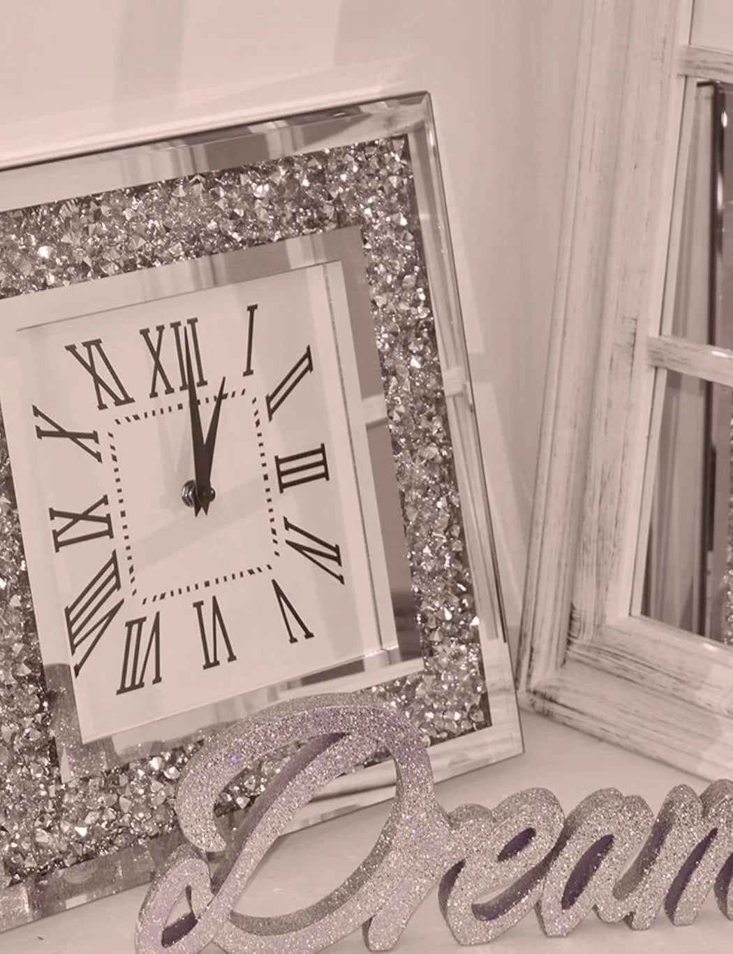 Silver Square Silent Wall Clock – Crystal Mirror Finish Modern Design | Sparkle Decors UK