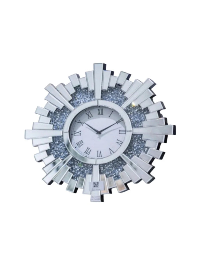 Sunburst Round Mirrored Wall Clock – 60cm Crushed Crystal Design