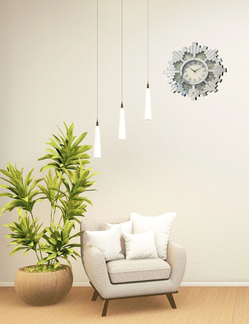 Sunburst Round Mirrored Wall Clock – 60cm Crushed Crystal Design