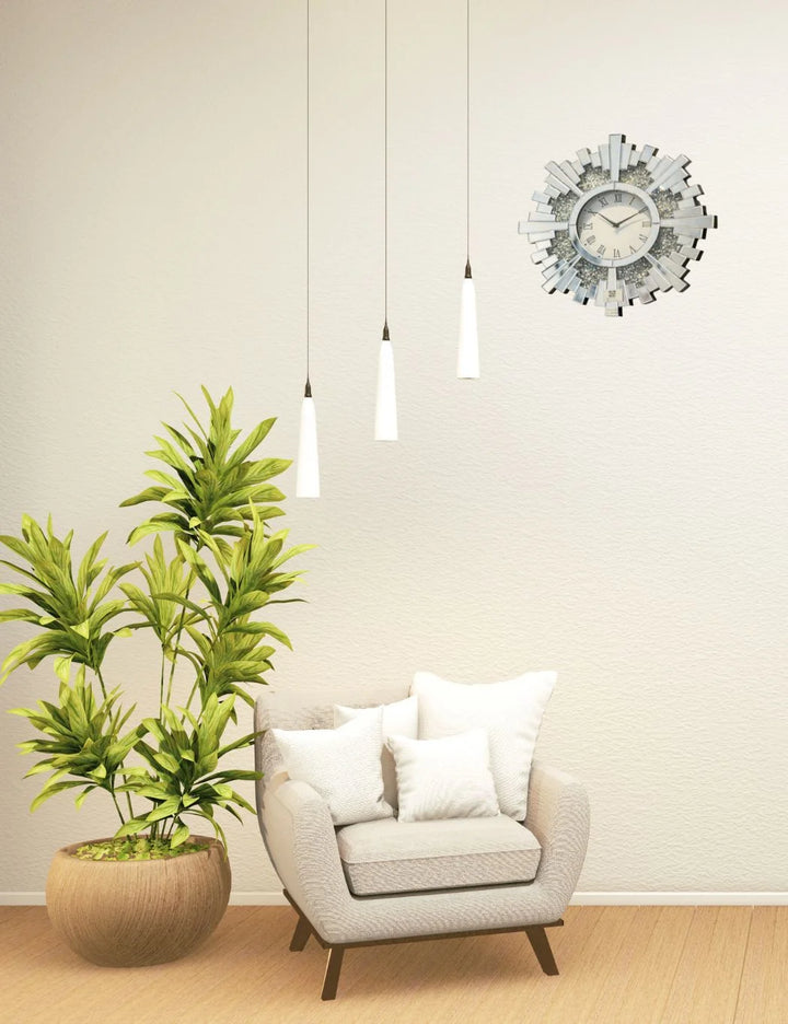 Sunburst Round Mirrored Wall Clock – 60cm Crushed Crystal Design