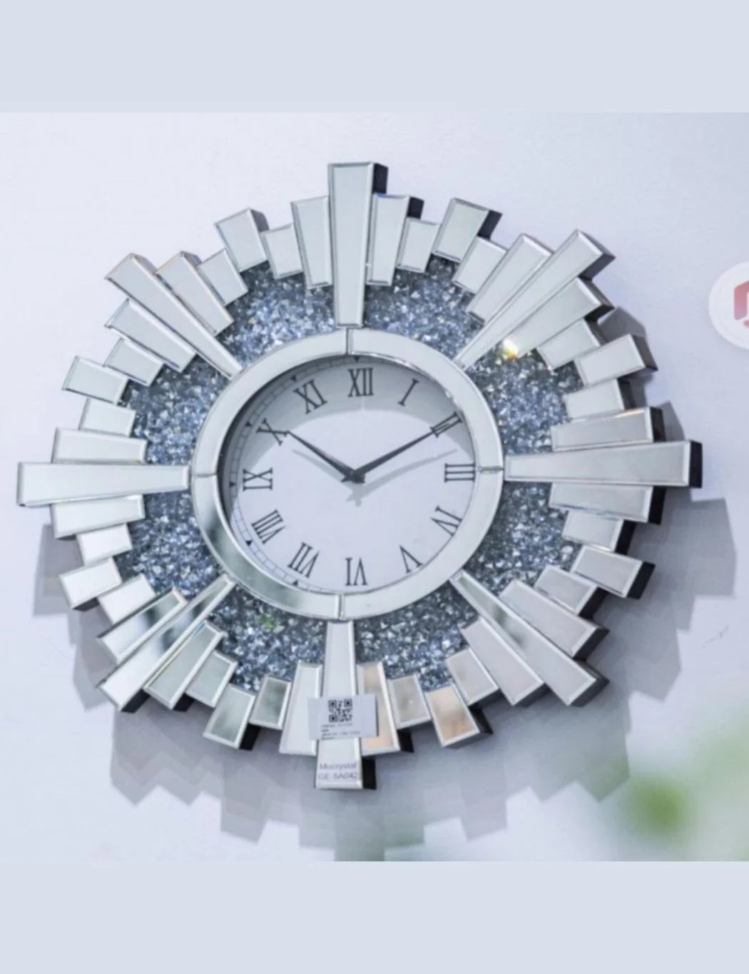 Sunburst Round Mirrored Wall Clock – 60cm Crushed Crystal Design