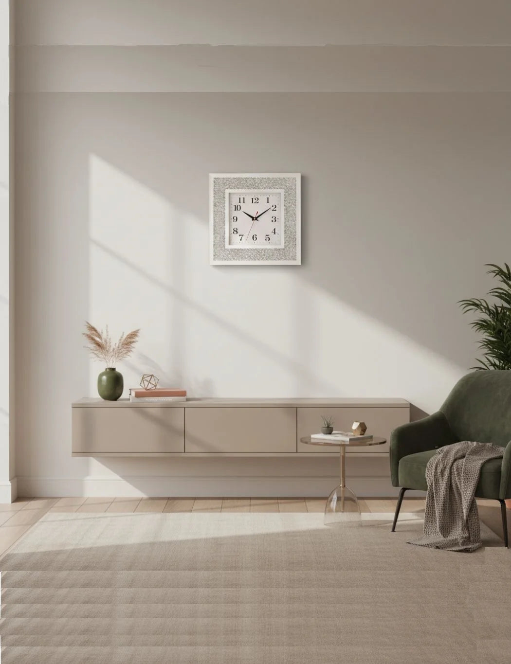 Square Crystal Mirror Wall Clock 35cm – Silent Luxury Silver Design | Sparkle Decors UK