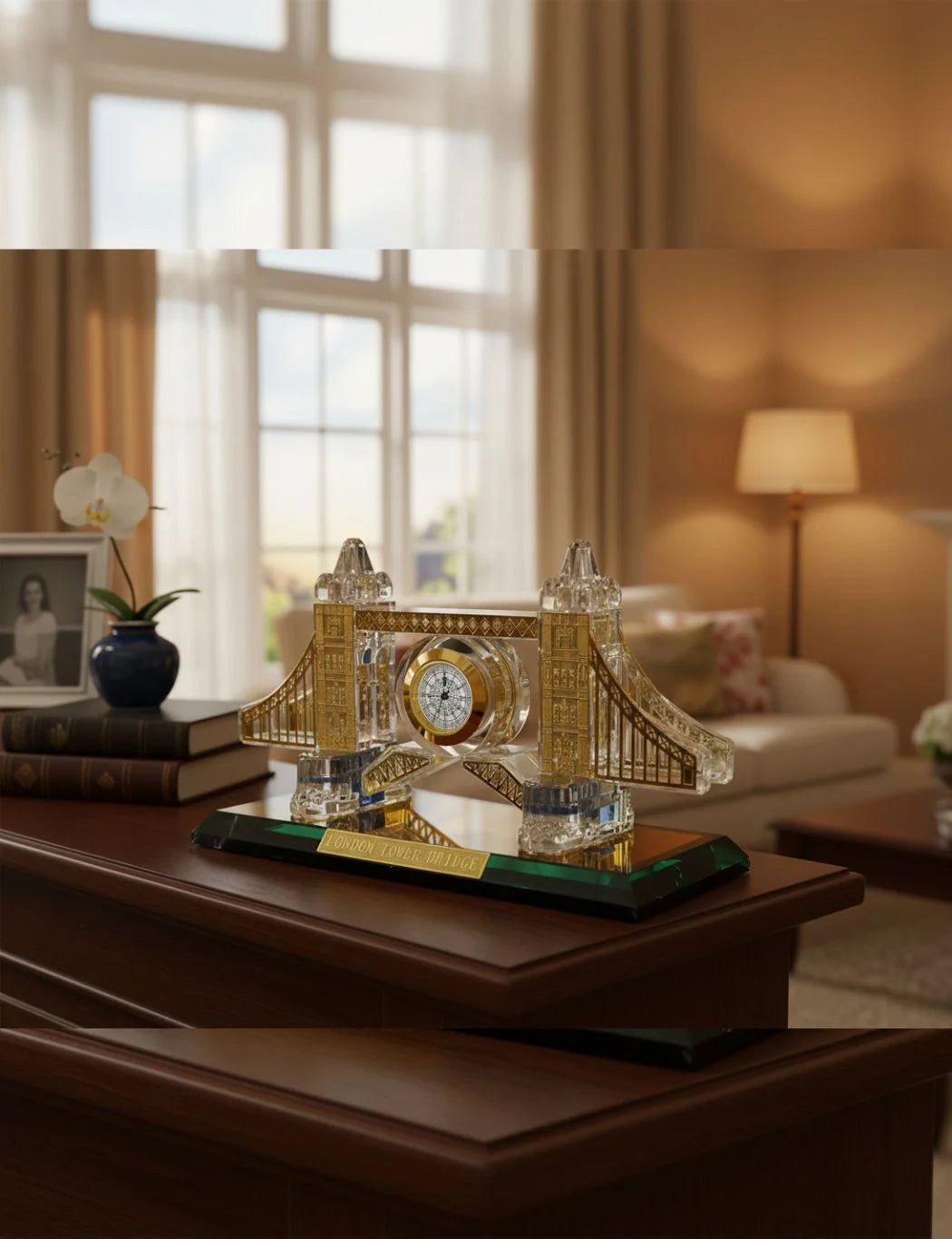 London Tower Bridge Crystal Table Clock – Elegant Gold Design Accent | Sparkle Decors UK