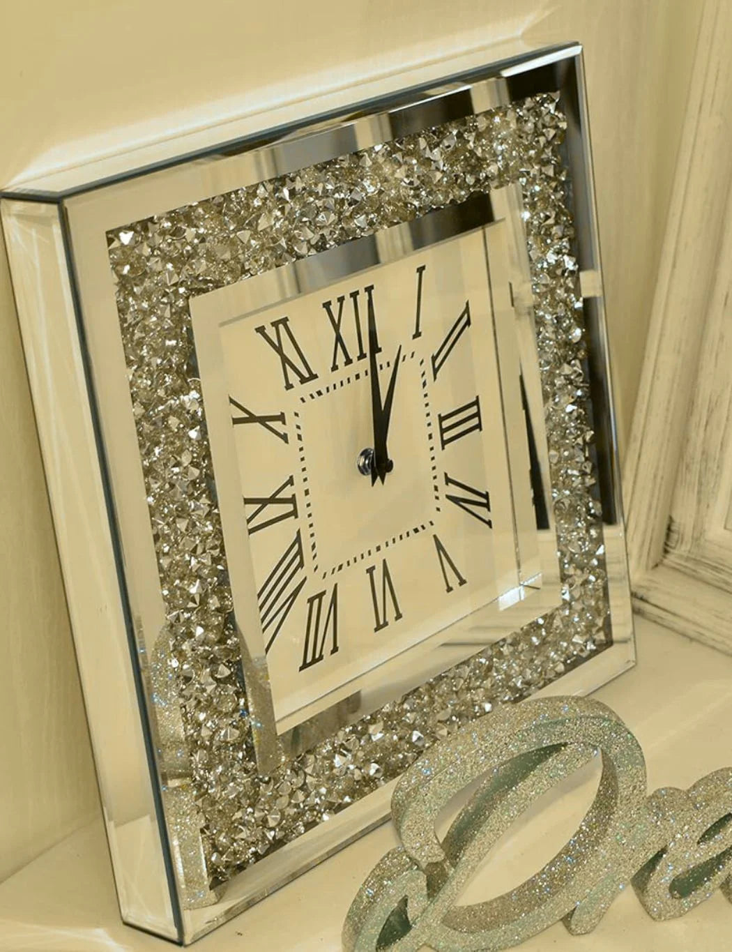 Silver Square Silent Wall Clock – Crystal Mirror Finish Modern Design | Sparkle Decors UK