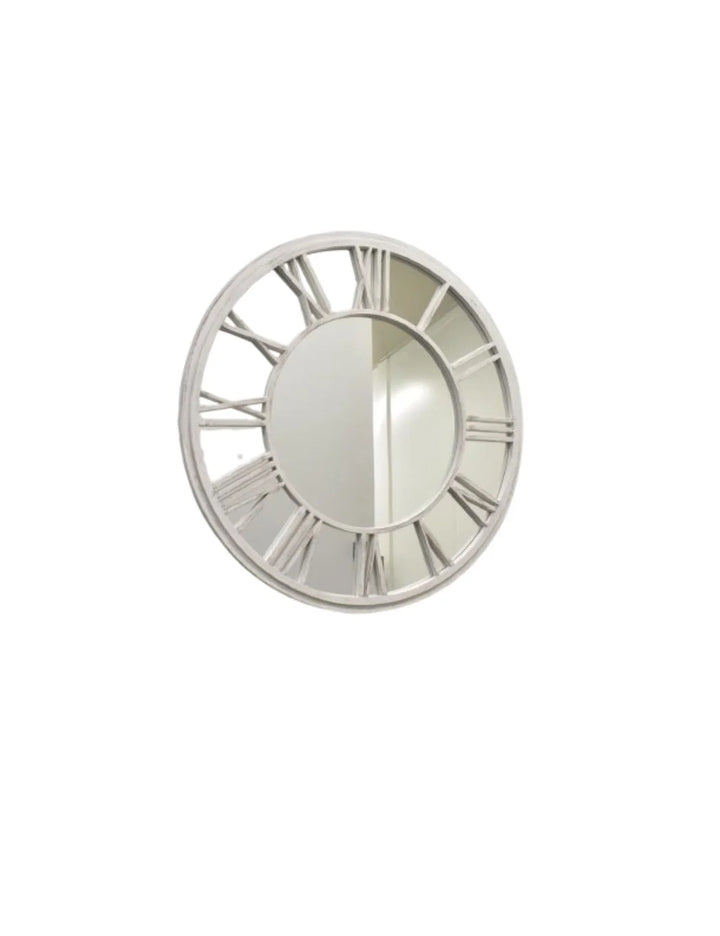 White Brushed Grey Roman Numeral Round Wall Mirror Clock Style (80cm)