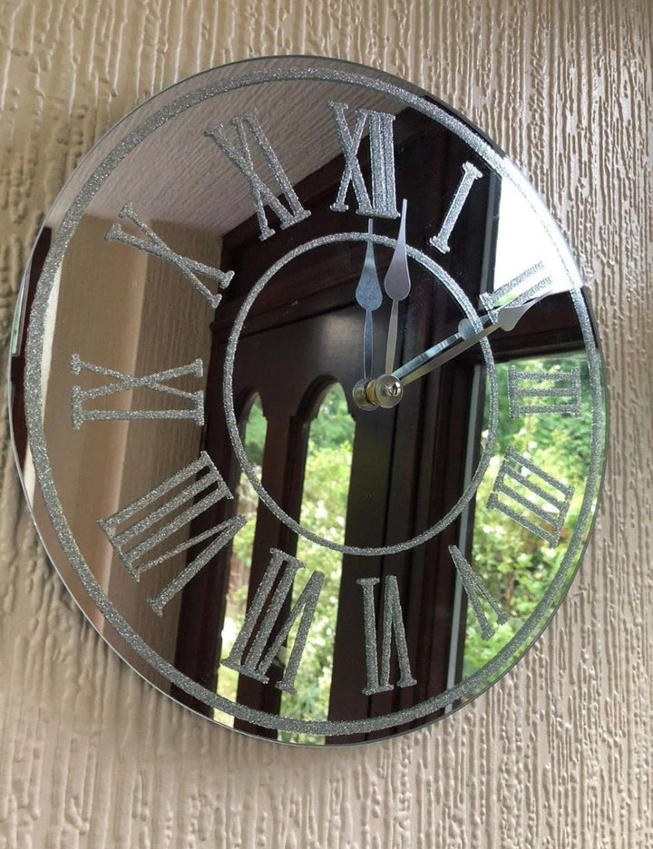 Round Silver Glitter Mirror Wall Clock – Roman Numerals – Sparkle Decors