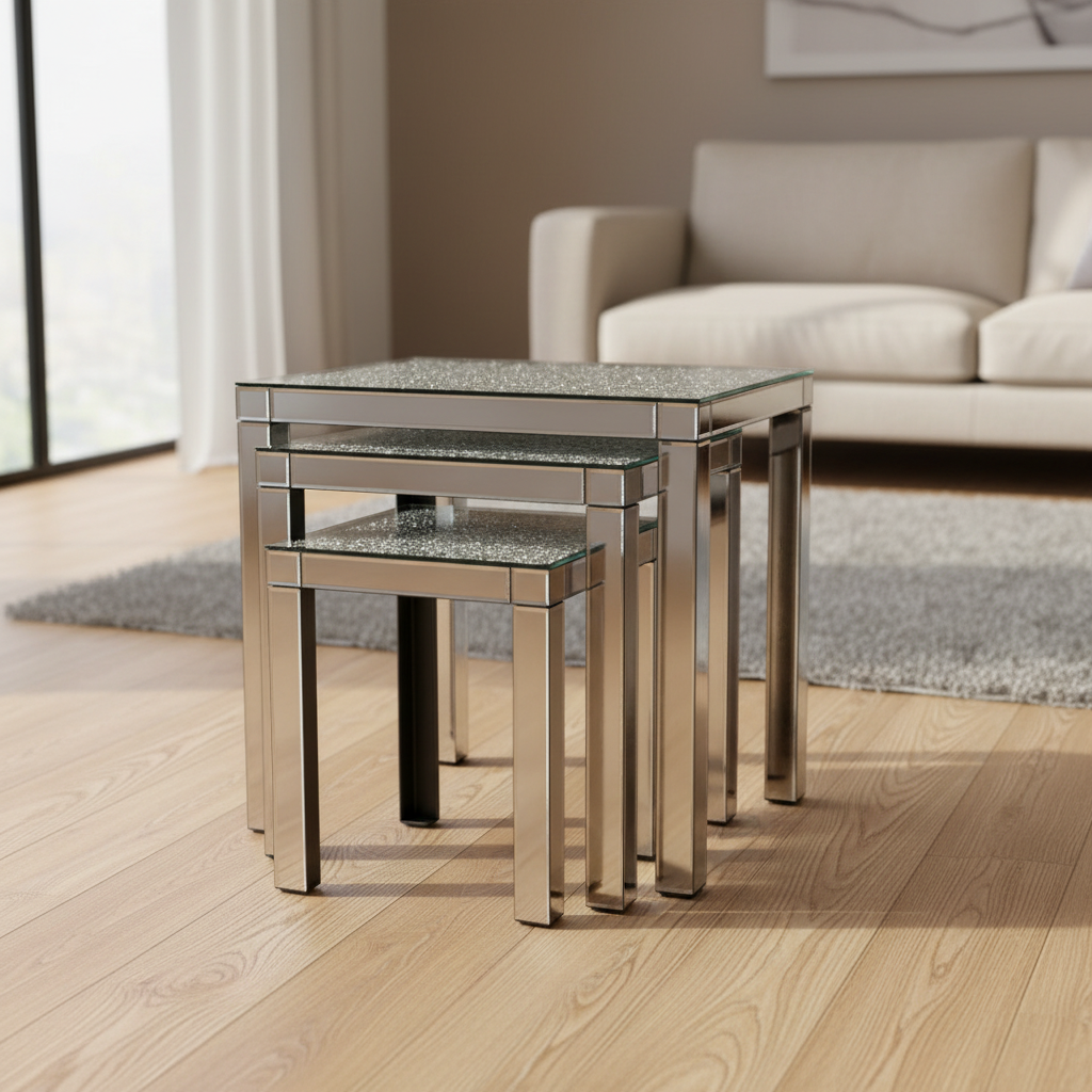 Set of three nesting tables with glass tops in a living room setting