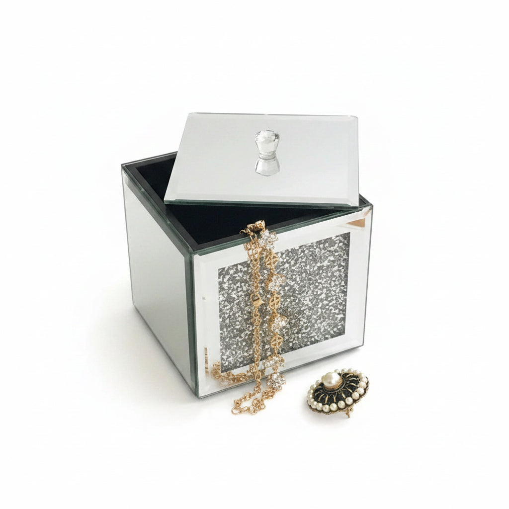 Silver crushed diamante mirrored jewellery box square black velvet