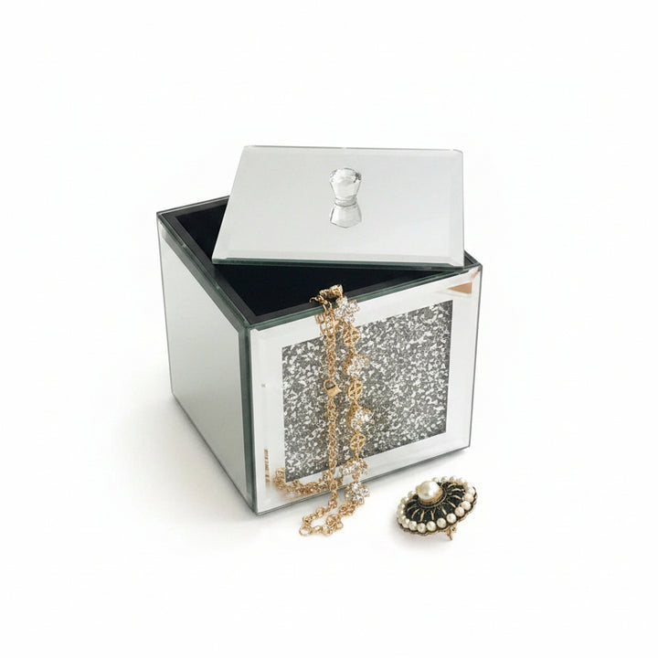 Silver crushed diamante mirrored jewellery box square black velvet