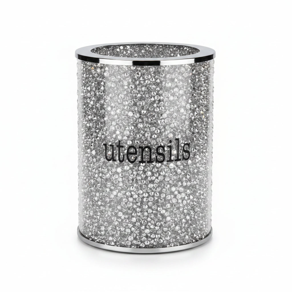 Silver crystal utensil holder kitchen set