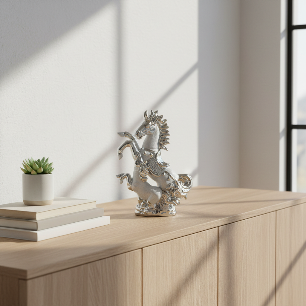 Silver horse sculpture on a wooden surface with a plant and books in the background