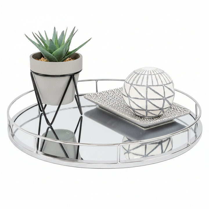 Silver round mirror trays set of 2