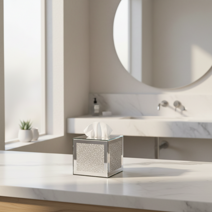Silver tissue box on a bathroom counter with a mirror and sink in the background