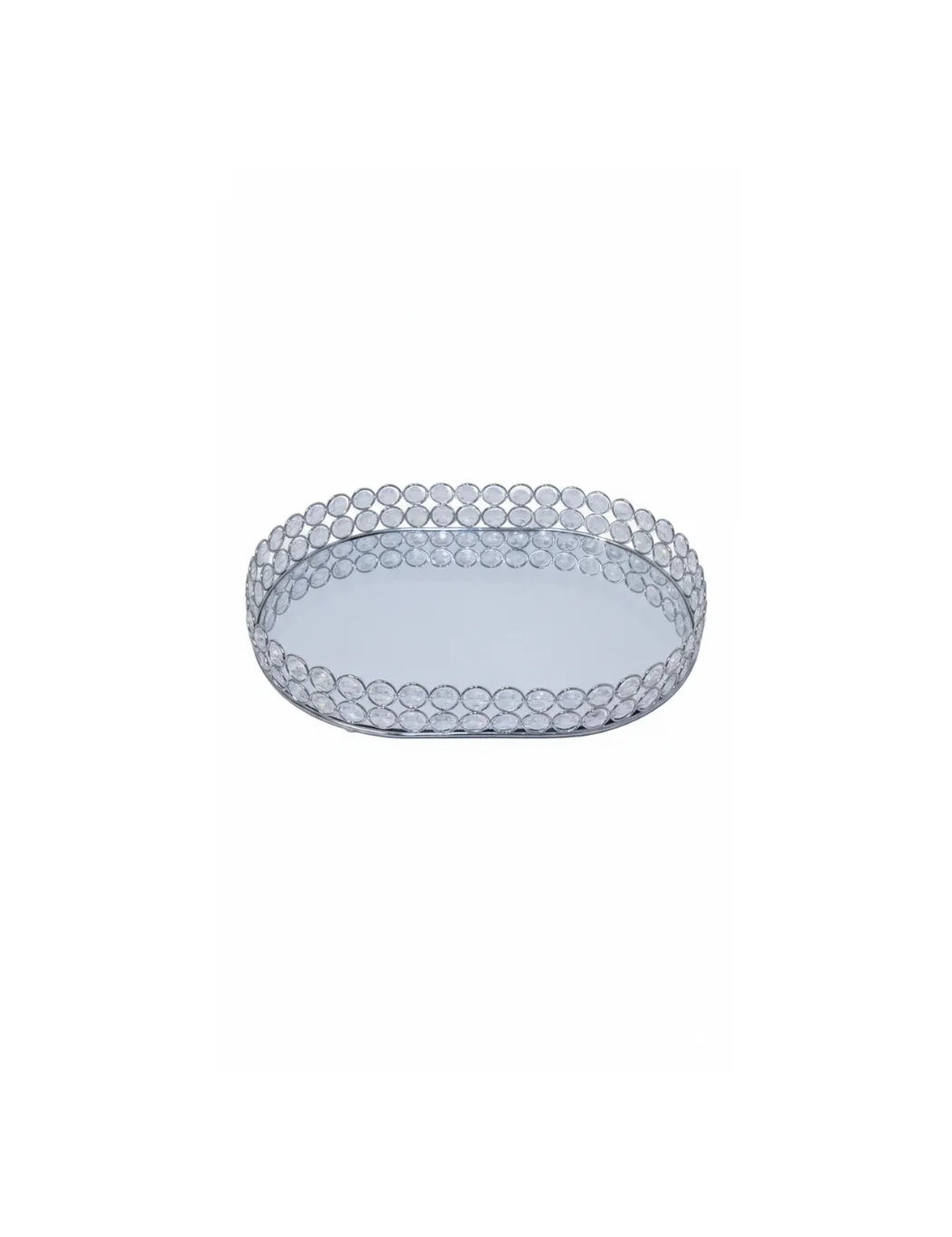 Mirrored Crystal Beaded Oval Cosmetic Tray Silver | Sparkle Decors