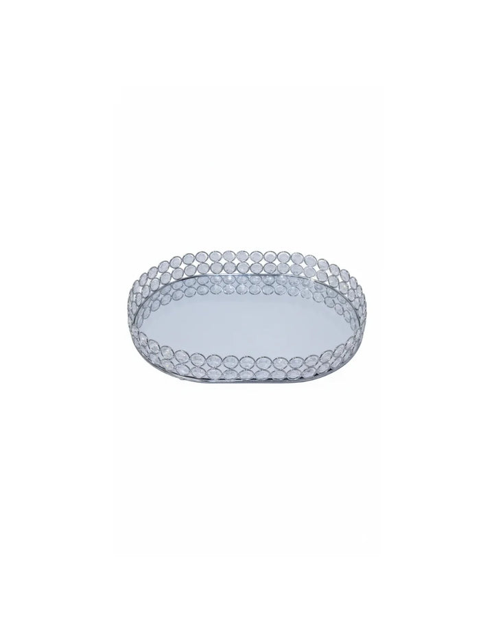 Mirrored Crystal Beaded Oval Cosmetic Tray Silver | Sparkle Decors