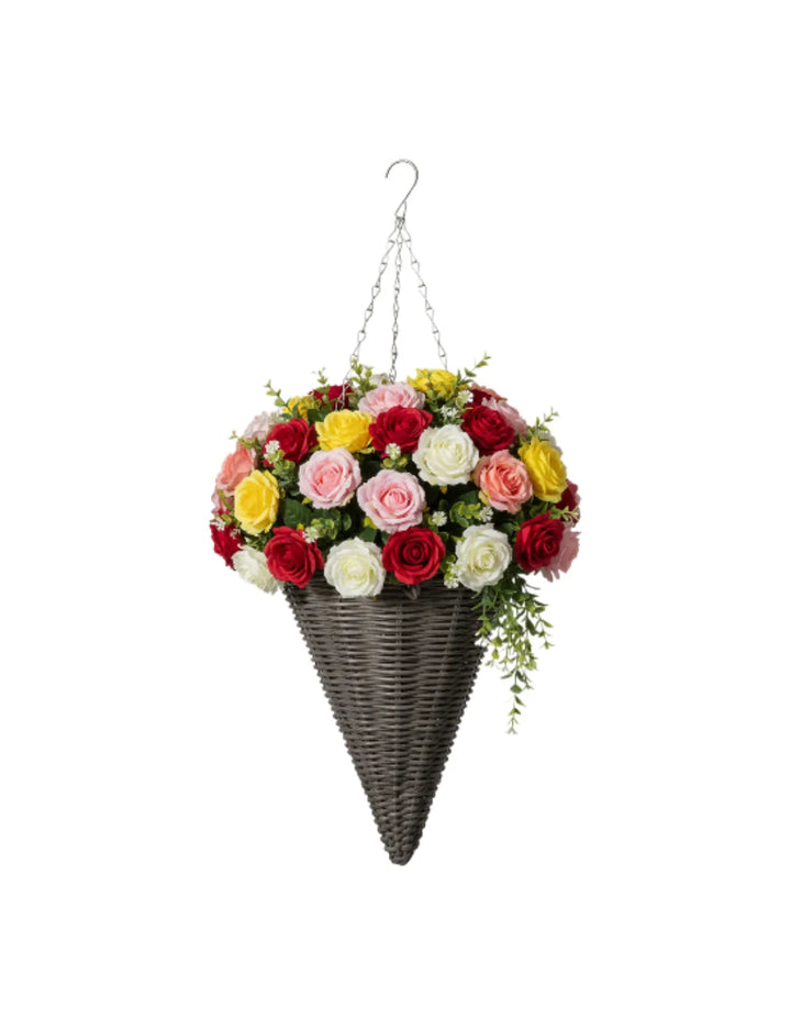 Multicolored Artificial Rose Cone Basket for Hanging – Sparkle Decors