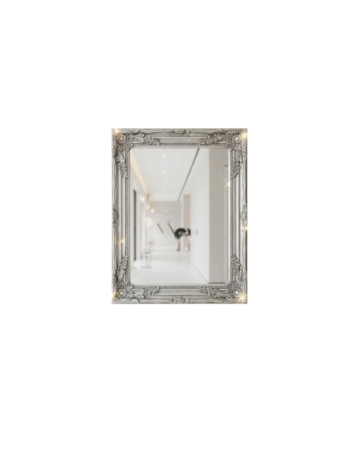 Sparkle Decors Large Silver Ornate Wall Mirror – Rustic French Style Wooden Frame for Hallway & Bathroom (64x54cm)