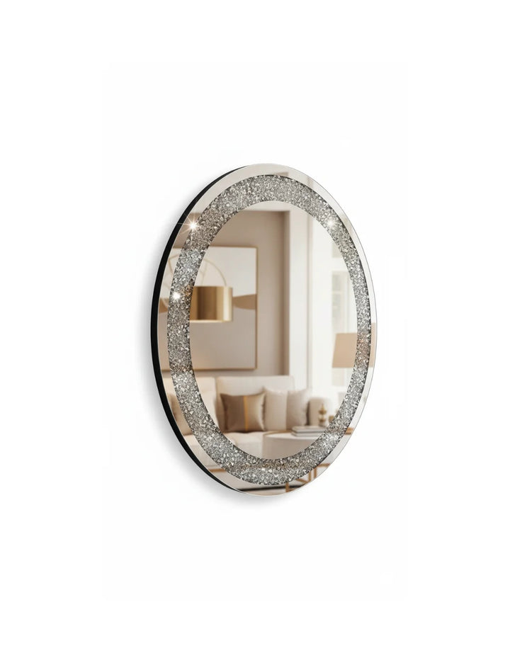 Sparkle Decors Large 80cm Round Jewel Wall Mirror – Crushed Crystal Luxury Decorative Mirror for Living Room, Bedroom, Bathroom