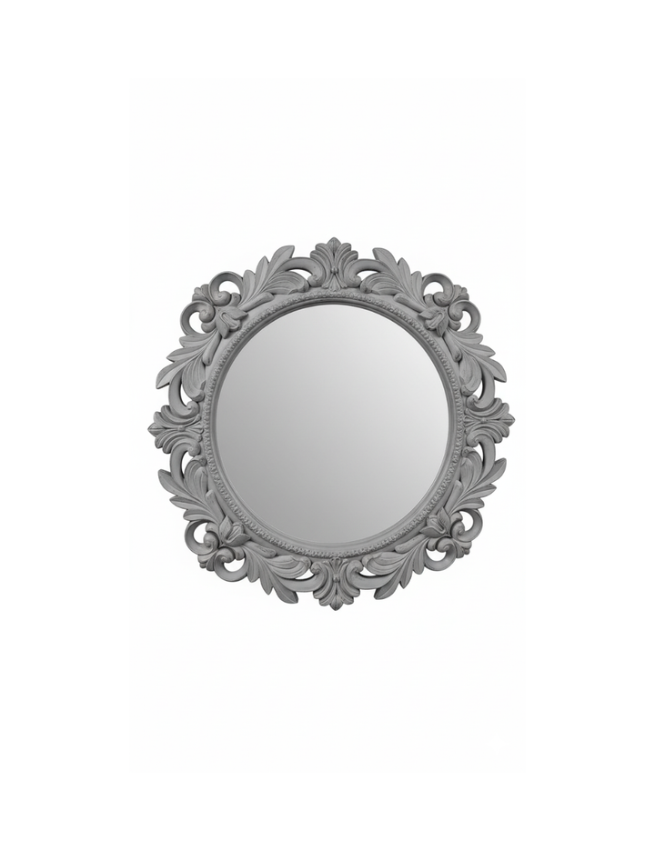 Vintage Grey Filigree Round Wall Mirror – Rustic Hallway & Bathroom Decor 51cm