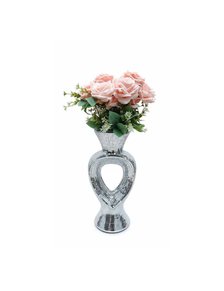 Silver Crushed Diamond Floral Vase Ornament – Mirrored Ceramic Design | Sparkle Decors