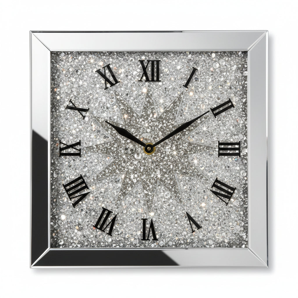 Square diamante mirrored wall clock crushed dial design